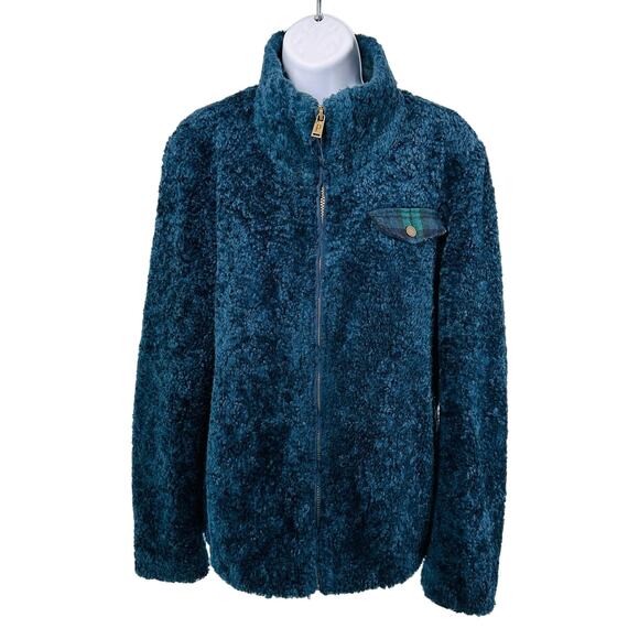 Pendleton Womens Large Navy/Green Plaid Full Zip Fuzzy Teddy Jacket Cozy Zip-Up - Picture 3 of 13